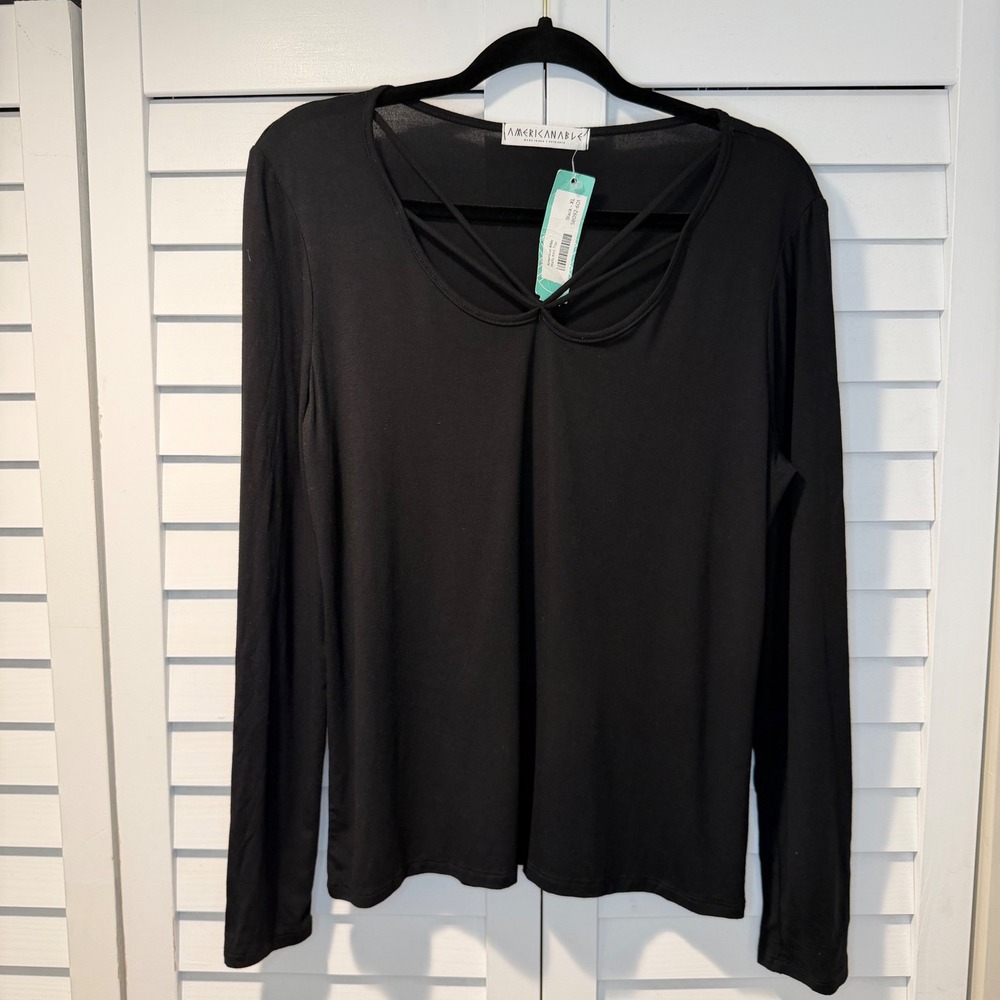 American Able Black‎ Mallia Knit Top Long Sleeve Criss cross Neck XL Womens New